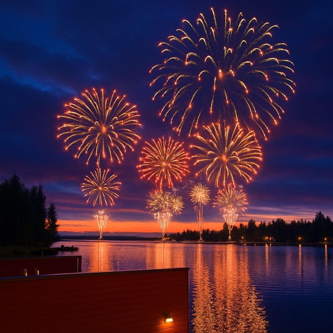 Fireworks over the lake at Strandis during Venetsialaiset